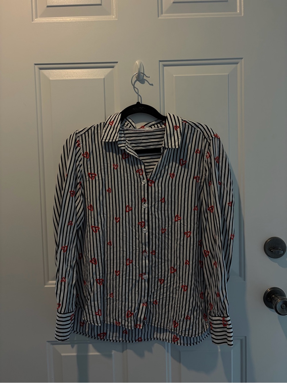 Red Heart Printed White and Black Striped Button-Up Blouse
